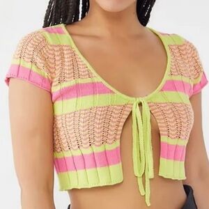 Urban Outfitters Medium Green Pink Striped Cardigan Crop Sweater
